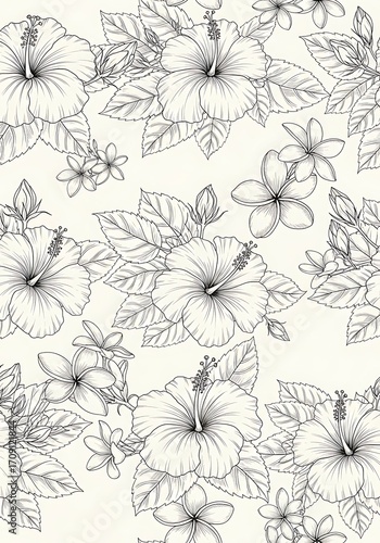 Wallpaper Mural Exotic Hibiscus and Plumeria Flowers Seamless Repeat Pattern Sketch Style Torontodigital.ca