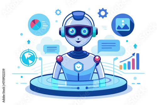 Modern digital workspace showing artificial intelligence technology with holographic data analytics and virtual dashboards. A professional working on a laptop surrounded by futuristic AI visualization