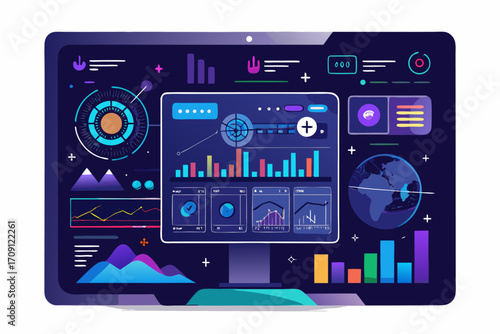Modern digital workspace showing artificial intelligence technology with holographic data analytics and virtual dashboards. A professional working on a laptop surrounded by futuristic AI visualization