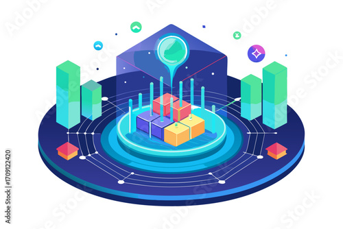 Modern digital workspace showing artificial intelligence technology with holographic data analytics and virtual dashboards. A professional working on a laptop surrounded by futuristic AI visualization