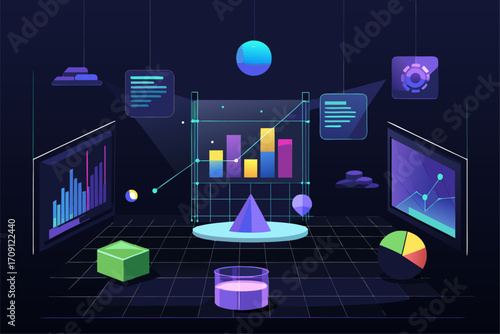Modern digital workspace showing artificial intelligence technology with holographic data analytics and virtual dashboards. A professional working on a laptop surrounded by futuristic AI visualization