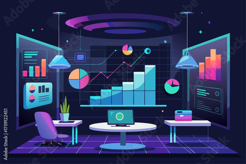 Modern digital workspace showing artificial intelligence technology with holographic data analytics and virtual dashboards. A professional working on a laptop surrounded by futuristic AI visualization