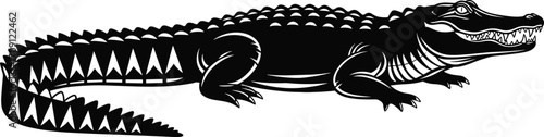 Black and white alligator illustration, aggressive crocodile vector, tribal reptile tattoo design, wildlife animal art, dangerous predator graphic