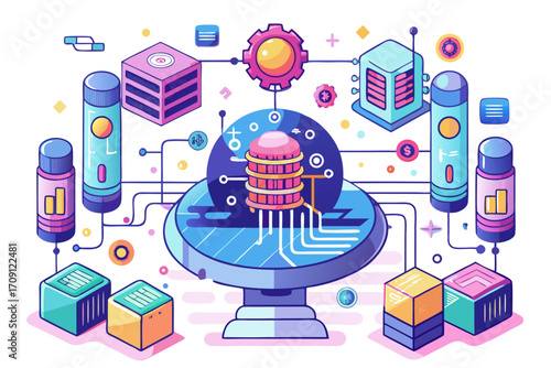 Modern digital workspace showing artificial intelligence technology with holographic data analytics and virtual dashboards. A professional working on a laptop surrounded by futuristic AI visualization