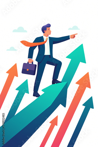 Confident businessman strides forward on rising growth arrows, pointing towards future success and opportunities.