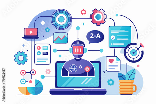 Modern digital workspace showing artificial intelligence technology with holographic data analytics and virtual dashboards. A professional working on a laptop surrounded by futuristic AI visualization