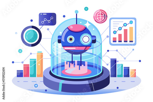 Modern digital workspace showing artificial intelligence technology with holographic data analytics and virtual dashboards. A professional working on a laptop surrounded by futuristic AI visualization