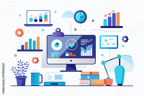 Modern digital workspace showing artificial intelligence technology with holographic data analytics and virtual dashboards. A professional working on a laptop surrounded by futuristic AI visualization