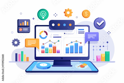 Modern digital workspace showing artificial intelligence technology with holographic data analytics and virtual dashboards. A professional working on a laptop surrounded by futuristic AI visualization
