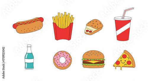 A collection of various popular fast food items displayed against a white background.