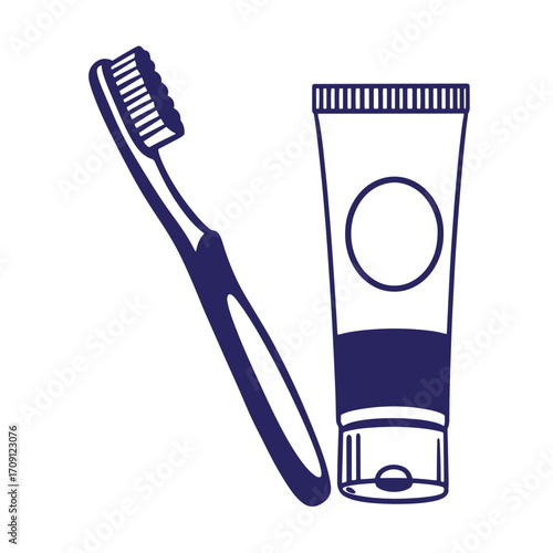Illustration of toothbrush and toothpaste tube in a clean minimalistic blue design