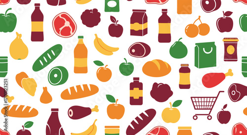A vibrant and colorful collection of assorted grocery food items and essential shopping elements.