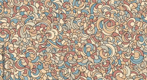 An intricate repeating pattern of abstract swirling organic shapes in muted earth tones and subtle blues.