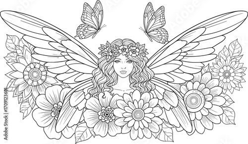 Beautiful fairy with large wings, floral crown, surrounded by flowers and butterflies, intricate line art, fantasy coloring page.