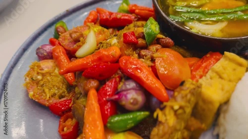 Indonesian Spicy Chili Chicken (Ayam Cabe) with Rice and Vegetables