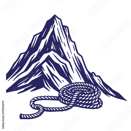 Mountain peak and coiled rope illustration representing adventure and exploration concepts