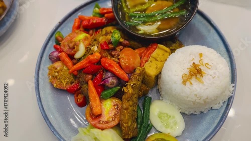 Indonesian Spicy Chili Chicken (Ayam Cabe) with Rice and Vegetables