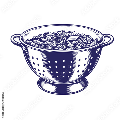 Penne pasta draining in a colander illustration with detailed engraving style