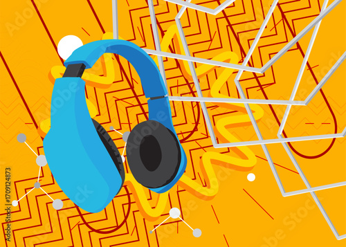 Headset geometrical graphic retro theme background. Minimal geometric elements. Vintage abstract shapes vector illustration.