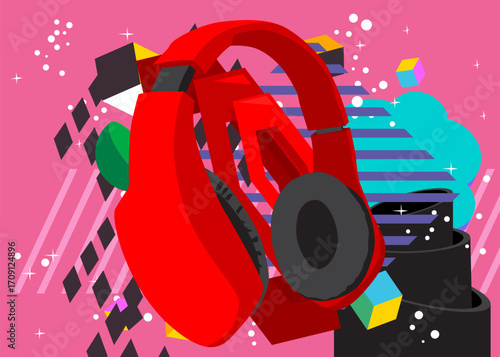 Headset geometrical graphic retro theme background. Minimal geometric elements. Vintage abstract shapes vector illustration.