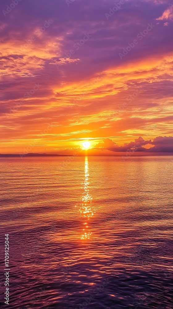 Obraz premium Bright Sun Glimmering on Sea with Purple Clouds, Gold Sky, Water Reflection