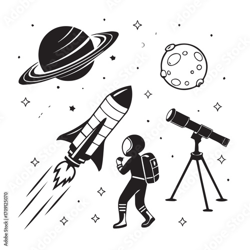 Illustration of an astronaut, rocket, planet, moon, and telescope isolated on white background