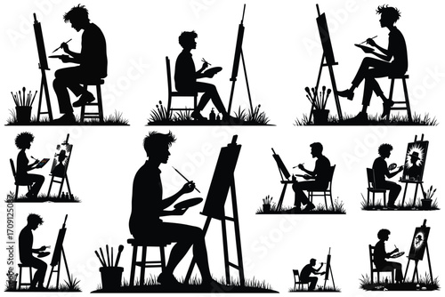 Diverse artists painting on easels in silhouette collection