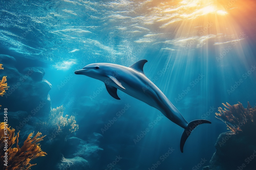 Fototapeta premium Dolphin swimming in ocean with sun rays through water surface, underwater view of coral reef with sea plants and corals marine life