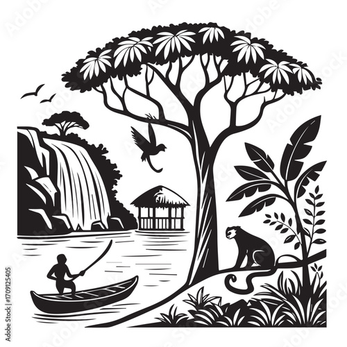 Silhouette of a tropical landscape with waterfall, hut, and a person in a boat isolated on white background