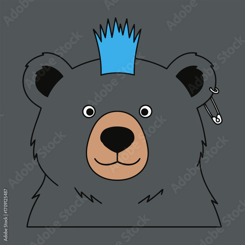 Punk Rock Bear with Blue Mohawk and Safety Pin Earring.
