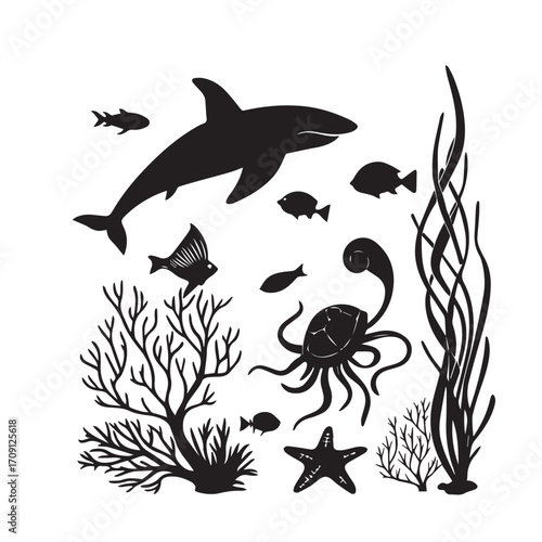 Underwater marine life silhouette featuring shark, fish, coral, and seaweed isolated on white background