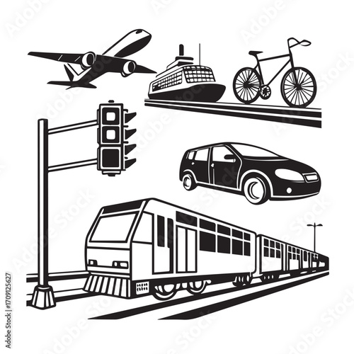 Various modes of transportation isolated on white background, including train