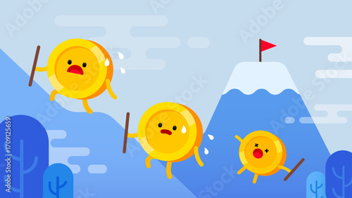 easter egg with a chicken Smiling golden coins climbing a mountain with a flag. The background is light blue