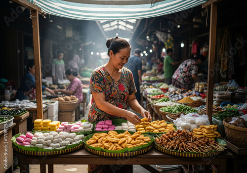 Cheerful female entrepreneur selling authentic street food at a vibrant Southeast Asian market