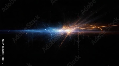 An abstract luminous explosion of blue and orange energy with dynamic flowing light streaks for a futuristic technological presentation background