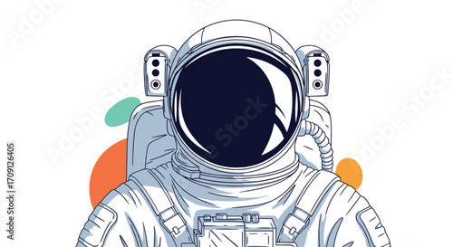 An astronaut in a detailed spacesuit with a reflective helmet and colorful abstract shapes in the background.