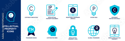 Intellectual Property Blue Colored Outline Icon Set