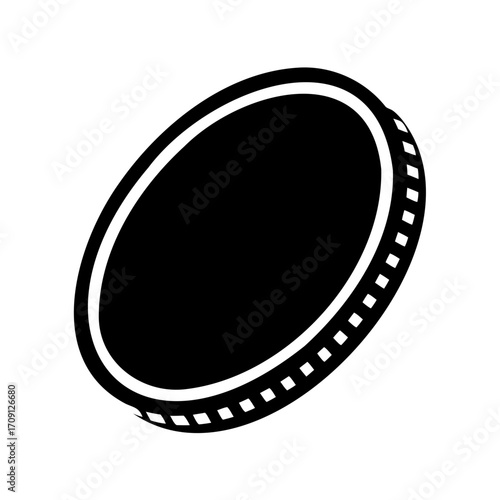 A single black coin viewed at an angle with detailed edge design