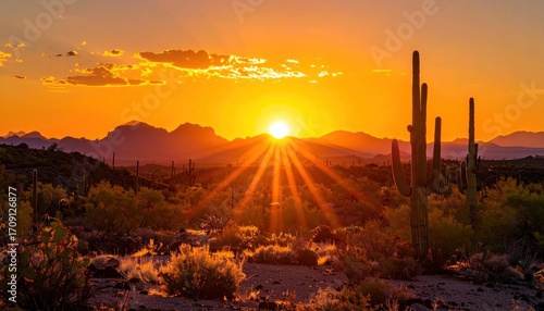 Arid desert scene at sunset. Saguaro cacti are silhouetted, bathed in the golden light of the setting sun over distant mountains