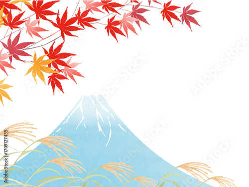 紅葉と富士山とススキの和風フレーム
