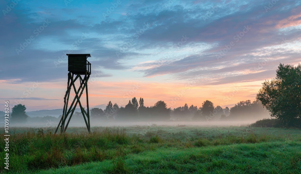Naklejka premium Wooden hunting blind at dawn, misty field
