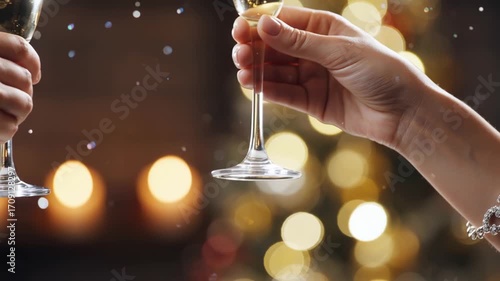 Elegant hands clinking champagne glasses in a festive celebration with golden bokeh lights