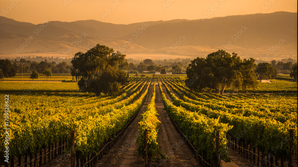 Fototapeta premium Serene vineyard landscape with orderly grapevine rows under natural sunlight, evoking tranquility and growth. 