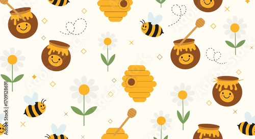 A charming and whimsical illustration of bees flowers and honey pots.