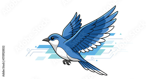 A vibrantly colored blue and white bird with outstretched wings takes flight against a background of abstract blue geometric shapes and faint motion trails.