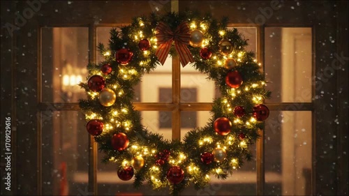 Christmas Wreath on Window with Glowing Lights and Ornaments