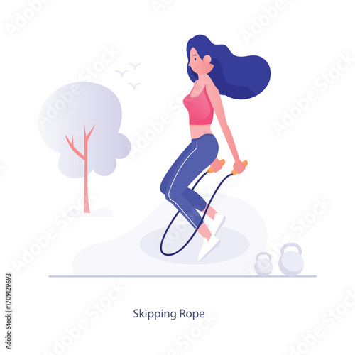 Vector graphics of sports activities  A woman skipping rope. She has long blue hair, wears a pink top and blue pants, and is in an outdoor setting with a tree and a white background. At the bottom