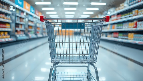 Wallpaper Mural Empty metal shopping cart in a supermarket aisle, highlighting clean commercial environments. Torontodigital.ca