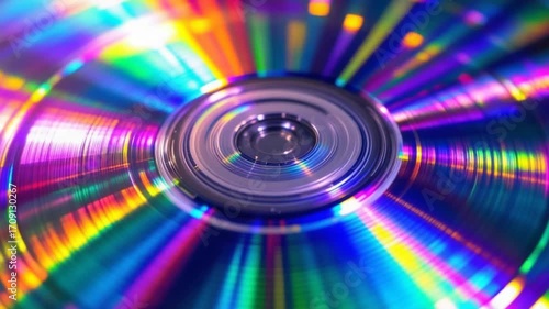 Captivating iridescent optical disc with vibrant spectrum of refracted light creating a mesmerizing rainbow effect for multimedia and data storage solutions