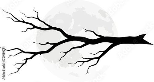 A stark black silhouette of a leafless tree branch against a large, detailed full moon.